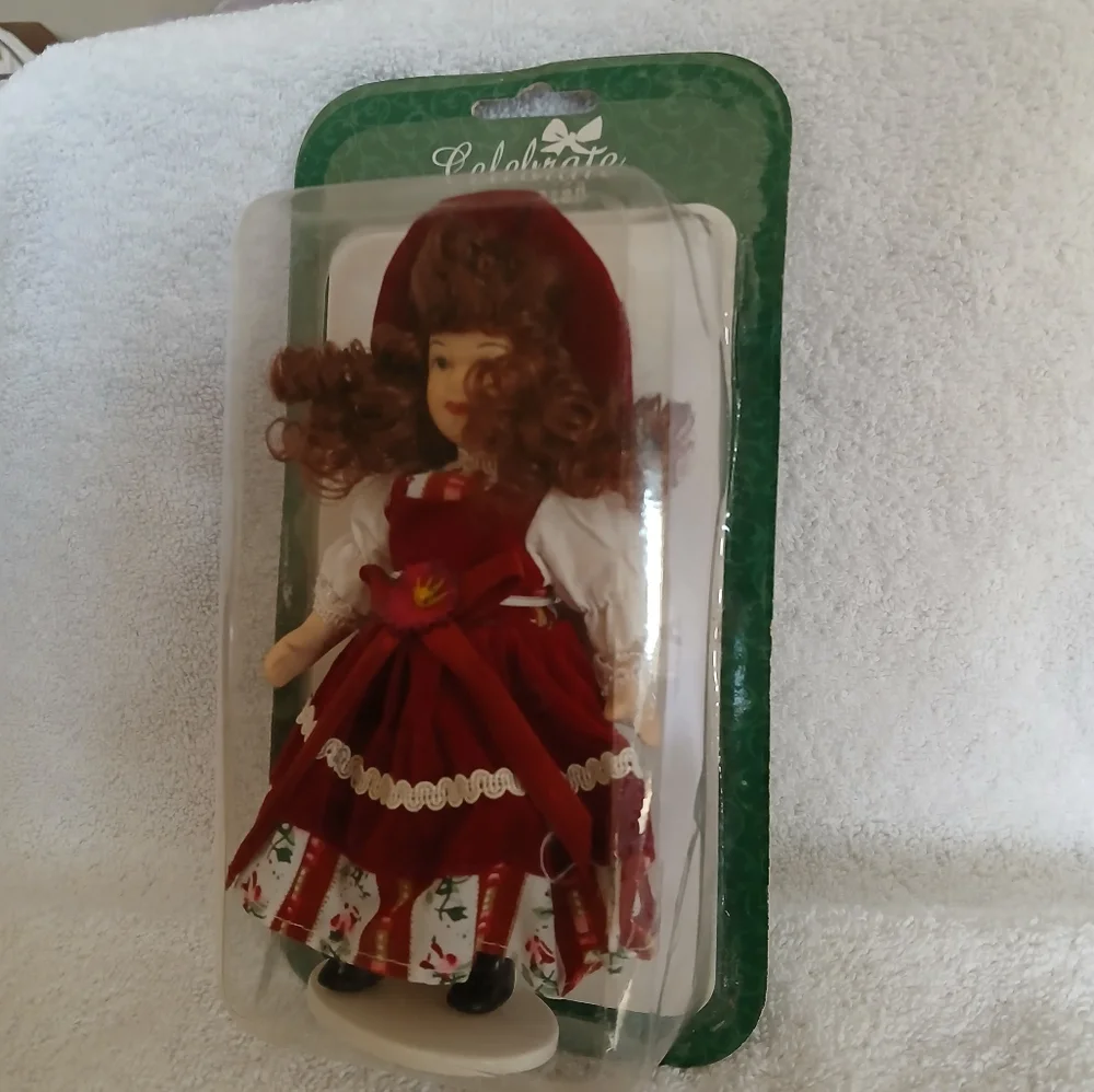 Collectible Porcelain‎ Doll Hand Painted Bisque in Red Dress